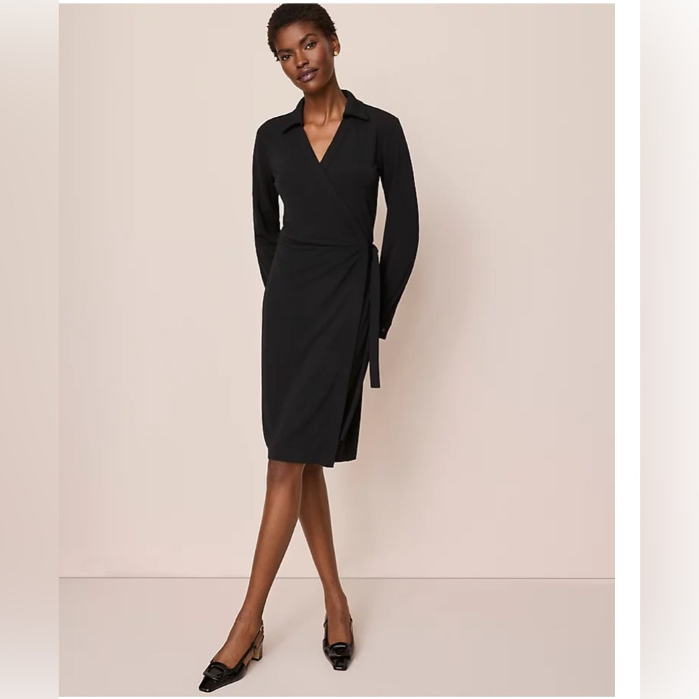 Ann Taylor Black Collared Knit Wrap Midi Dress Size XXL NWT